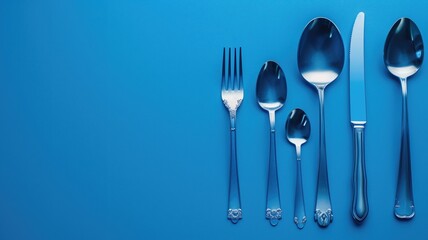 Silver cutlery set aligned on blue background, including fork, spoons, and knife - obrazy, fototapety, plakaty