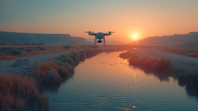 Technology drone flying to monitor above river analysis to drought crisis.