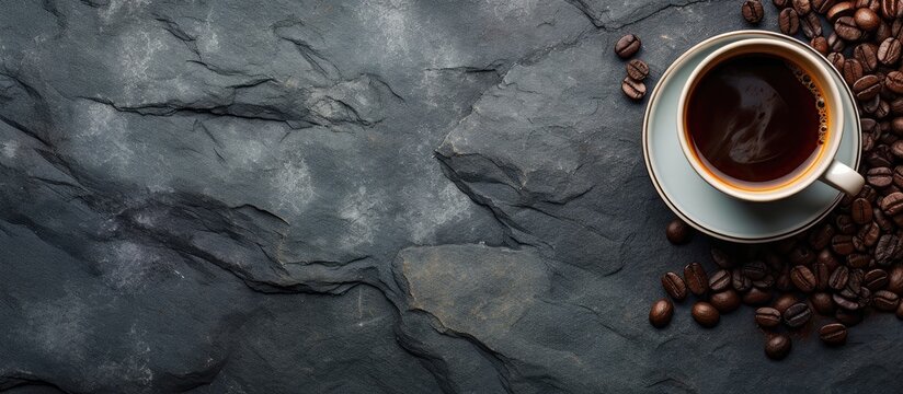 A cup filled with black coffee placed on a smooth stone surface