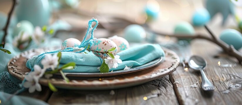 Blue napkins laying next to white eggs arranged neatly on a plate