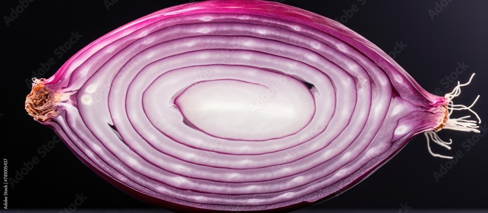 Poster close-up view of a red onion cut into slices placed on a black surface