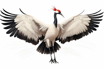 Regal red-crowned crane spreading its wings in an elegant display, isolated on white solid background