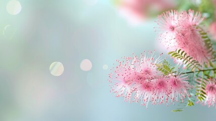 Delicate pink flowers with fine stamens against soft, bokeh light background in cool tones