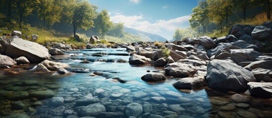 A creek meanders through a vibrant natural woodland setting, with lush foliage and a tranquil flow over rocks - obrazy, fototapety, plakaty