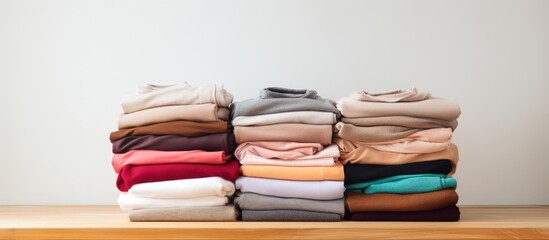 Assorted folded shirts neatly arranged in a pile on a rustic wooden table