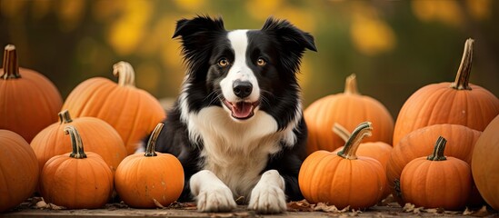 Border Collie dog joyfully surrounded by a group of pumpkins in a garden setting during autumn