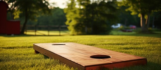 A corn hole game board placed on a green grass field during a local party event