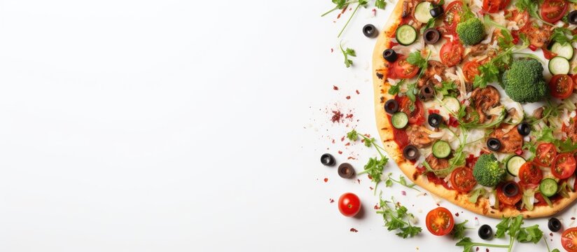 Delicious pizza covered in a variety of fresh vegetables and aromatic herbs