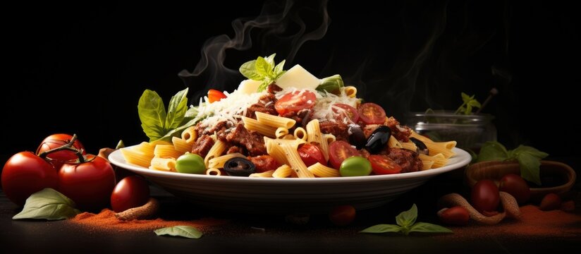 Pasta dish with a combination of meat, tomatoes, olives, and cheese in a bowl
