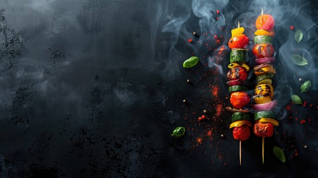 Colorful grilled vegetables on skewers with smoke against dark, textured background
