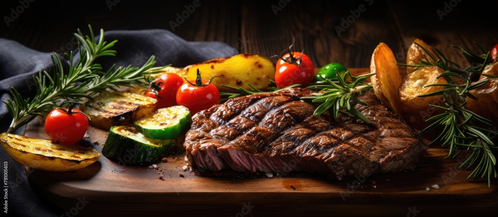 Canvas Prints Steak and assorted vegetables neatly arranged on a wooden cutting board up close