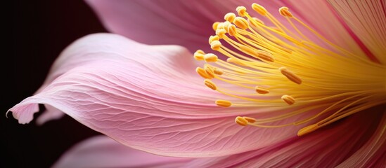 Macro shot focusing on the delicate brown yellow stamens of a lovely pink flower in detail