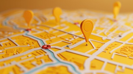 Close-up of three-dimensional city map with bright yellow overlay and orange location markers