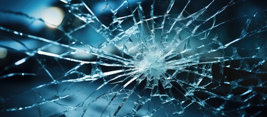 A glass window is broken with a visible hole in the center, showcasing the damage and fragility