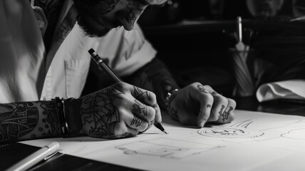 Tattooed artist sketching designs with pen on paper