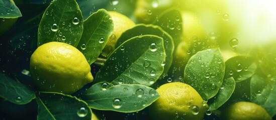 Lemons on a tree up close, with water droplets on them, emphasizing freshness and natural beauty