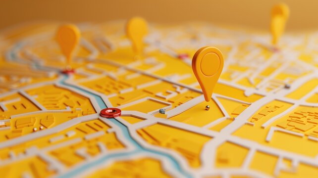 Close-up of three-dimensional city map with bright yellow overlay and orange location markers