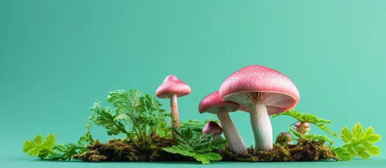 Rolgordijnen Lush green mushrooms and various plants flourish on a vibrant surface against a serene blue background © Ilgun