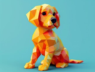 Cute low poly puppy, sitting position, bright hues, simple clean backdrop