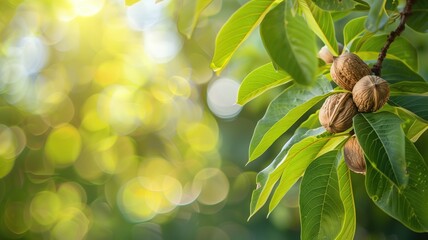 Walnut tree branches with ripe nuts in sunlight against blurred green background bokeh lights - obrazy, fototapety, plakaty