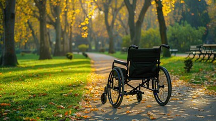 Fototapeta na wymiar Empty wheelchair in sunlit park with fallen leaves on ground