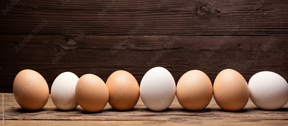 Aufkleber a rustic wooden table is depicted up-close, showcasing a neat row of eggs on its surface.