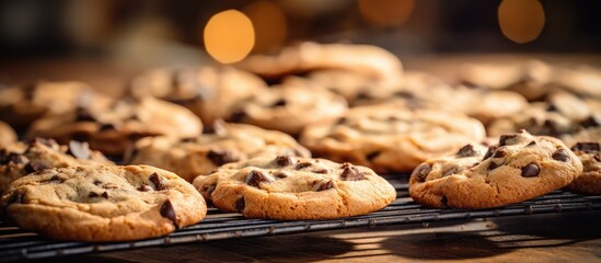 Freshly baked chocolate chip cookies arranged on a wooden table, ready to be served and enjoyed