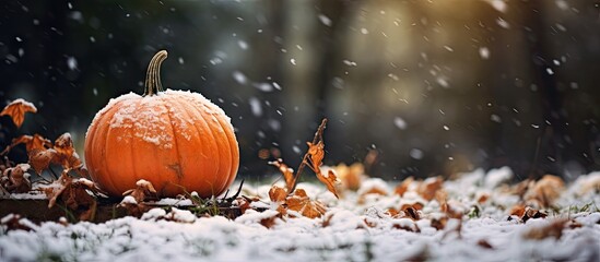 A pumpkin placed on top of a ground covered in snow, showcasing the contrast of autumn and winter elements - obrazy, fototapety, plakaty