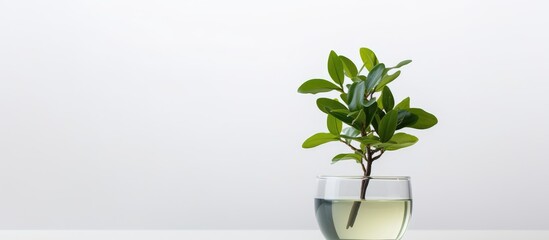 Indoor foliage thriving in clear glass of water placed on wooden table indoors - obrazy, fototapety, plakaty