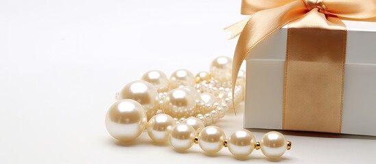 Pearls laid next to a stylish gift box adorned with a delicate bow on a clean white background