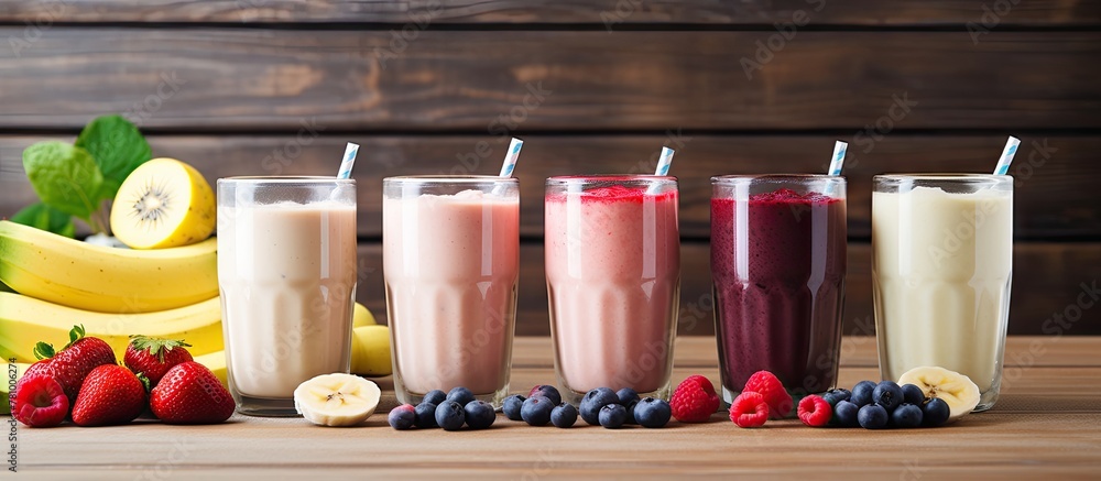 Poster assorted smoothies displayed in a single glass container with a variety of flavors and colors