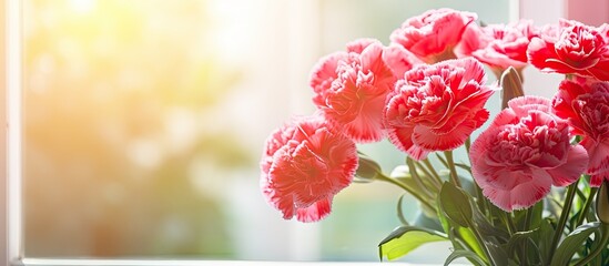 Obraz premium Pink blossoms arranged in a glass vase placed on a windowsill