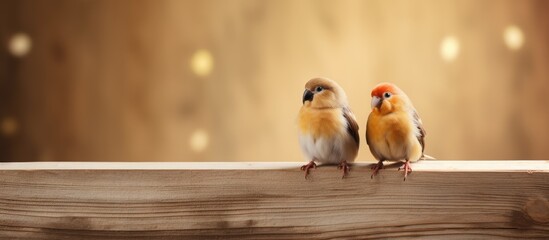 Pair of small birds resting on a wooden ledge in focus, set against a soft, blurred background - obrazy, fototapety, plakaty