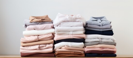 Stack of neatly folded shirts placed on a table, showing different colors and sizes