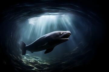 Electric eel emitting a captivating display of light in a mysterious underwater cave, isolated on white solid background - obrazy, fototapety, plakaty