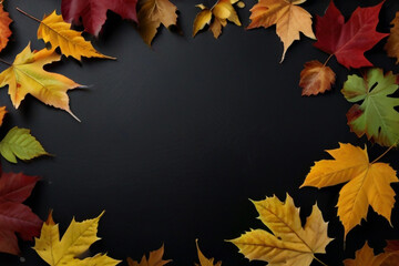 Naklejka na ściany i meble Autumn leaves on a black background Autumn background Top view.
