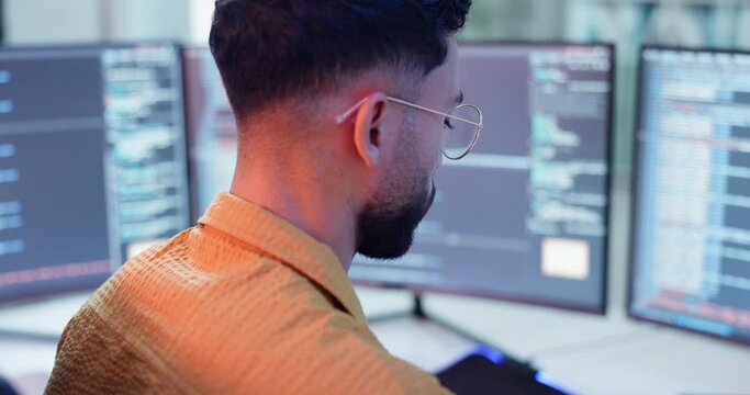 Man, computer screen and coding for cybersecurity development or programming for software business, database or research. Male person, server and it system for digital password, analysis or online