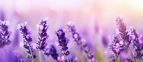 Lavender flowers bloom abundantly in a scenic meadow, bathed in soft and soothing natural light - obrazy, fototapety, plakaty