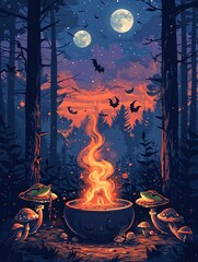 Halloween scene with frogs, smoking cauldron, mushroom circle, moonlit, spooky vibes ,clean sharp - obrazy, fototapety, plakaty