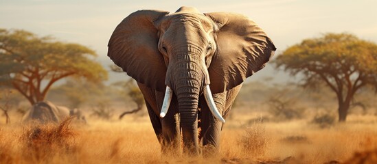 Large elephant gracefully moving through dense grassland, blending into its natural habitat,...