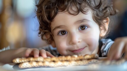  A small child hiding a piece of matzah for traditional of Holiday on Passover. - obrazy, fototapety, plakaty