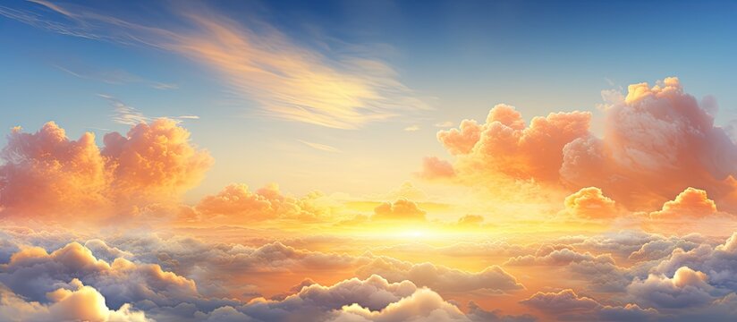 The serene beauty of a sunset as seen from above the clouds, painting the sky in hues of orange and pink