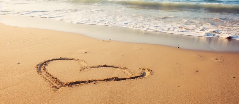 Heart shape sketched in sand on a beach as waves gently roll in the background