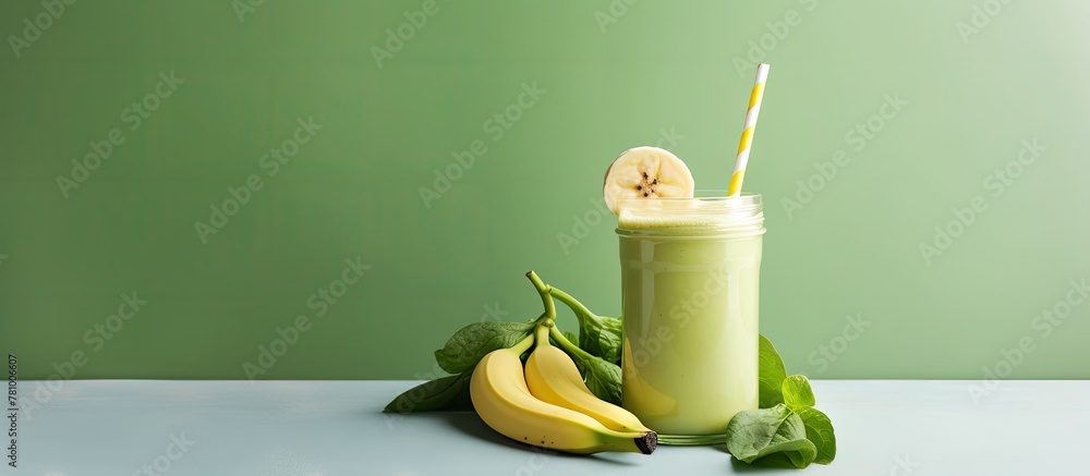 Poster close-up image showcasing a healthy green banana and spinach smoothie served with a straw for a refr