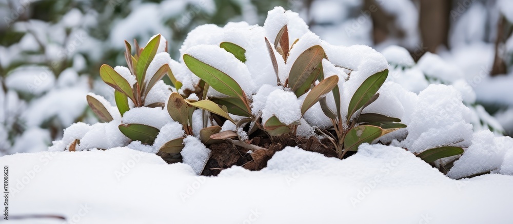 Sticker The delicate foliage of a plant is gently blanketed by a layer of soft, white snow in a serene winter scene