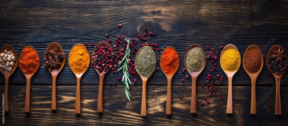 Poster a variety of spices neatly displayed in a row of wooden spoons, showcasing different flavors and col