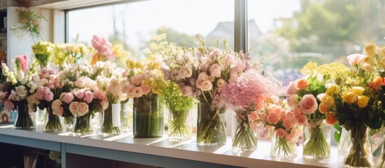 Vases showcasing various colorful flowers are lined up on a windowsill