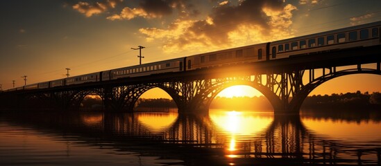 An elongated locomotive moves across a bridge suspended over a reflective body of water