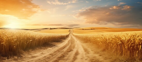 Individual leisurely walking on rustic path surrounded by golden wheat field under clear sky