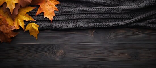 Obraz premium Cozy sweaters and autumn leaves create a warm and inviting scene against a black wooden backdrop